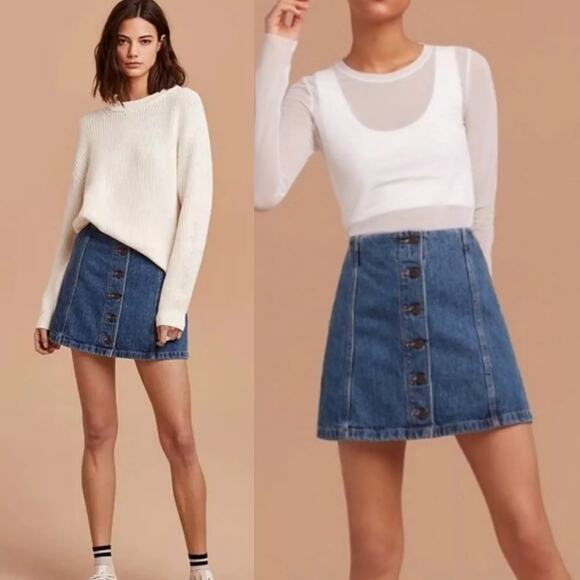 WILFRED FREE Aritzia Ahrens Button Front Mini A-Line Denim Skirt Sz 4 - Picture 2 of 7